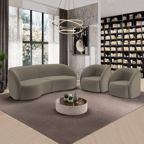 Conjunto Sofá Sala de Estar Bipartido 240cm e 2 Poltronas Clarke Veludo Castor G45 - Gran Belo