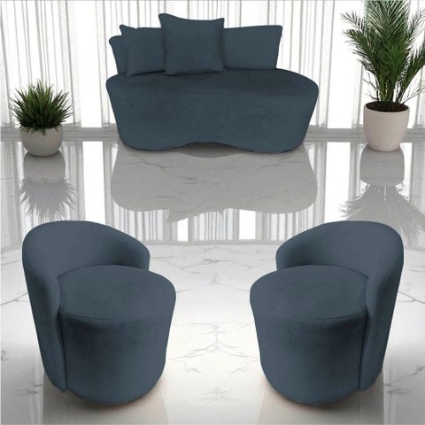 Kit Namoradeira + 2 Poltronas Yara Orgânica Bouclé Cinza