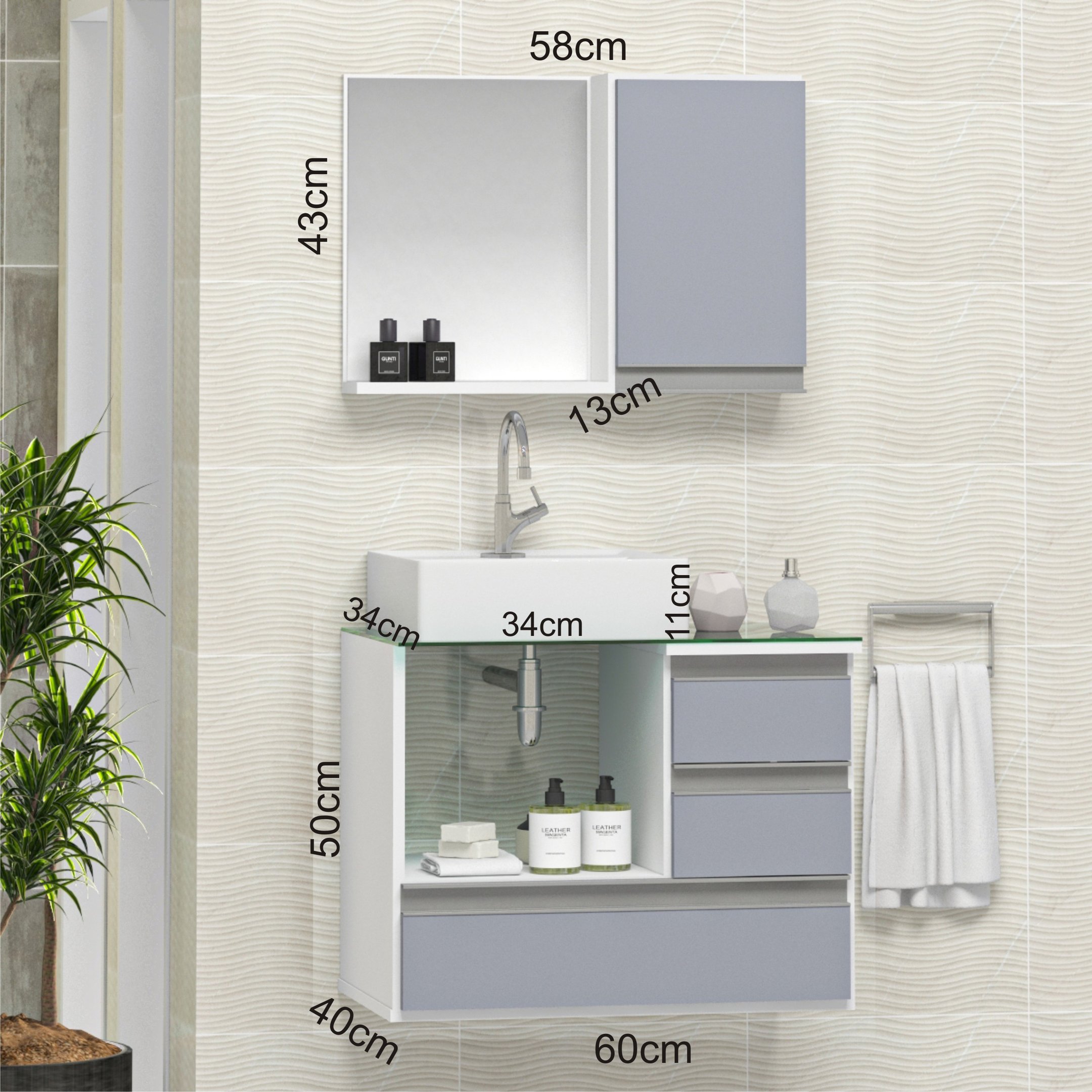 Conjunto Gabinete Banheiro POLO 60cm Branco/Cinza - Gabinete + Cuba + Espelheira + Tampo Vidro - 2