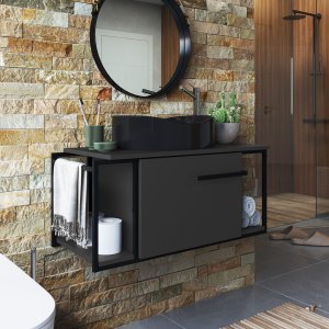 Gabinete Suspenso de Banheiro com Cuba Preta 80cm P1019 Berlin Grafite