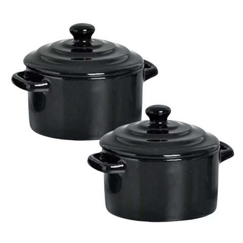 Kit 2 Mini Caçarola Cerâmica Preta Esmaltada 250ml Moderna Panelinha para Festa Buffet Servir