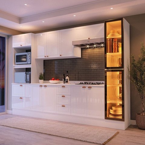 Cozinha Completa 6 Peças com Cristaleira MDF Estilo Americano Branco Yescasa
