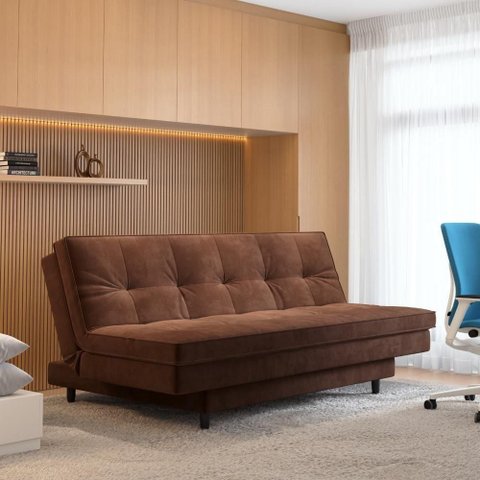 Sofá-Cama Roz Plush 4 Lugares Reclinável 180cm Marrom Suede