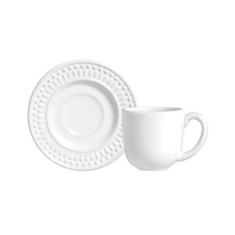 Conjunto Pires + Xícara Café Porto Brasil Roma Branco 160ml Cerâmica Faiança Relevo Clássico