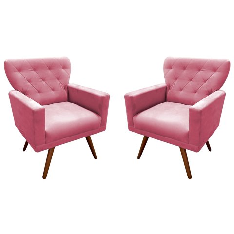 Kit 2 Poltronas Decorativa Aurora Suede Rosa Pés Madeira Mz Decor