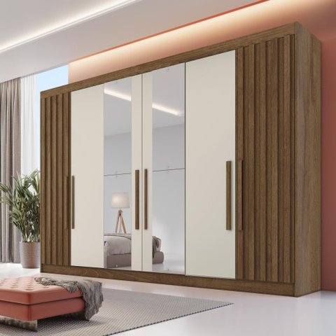 Guarda Roupa Casal 6 Portas com 2 Portas Ripadas Potente com Espelho - Móveis Europa