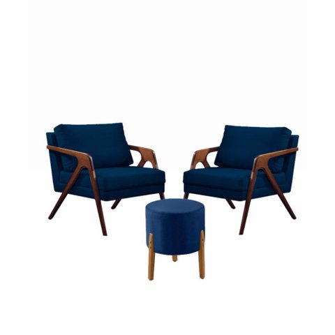 Conj. 2 Mona com 1 Puff Madeira Maciça Veludo Moderna:azul