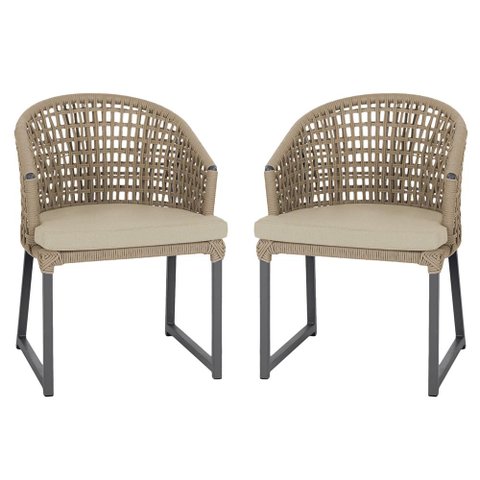 2 Cadeira Noronha Aluminio Micro Pintura Preta, Tr. Telinha Corda Nautica Rami, Estofado - Bege