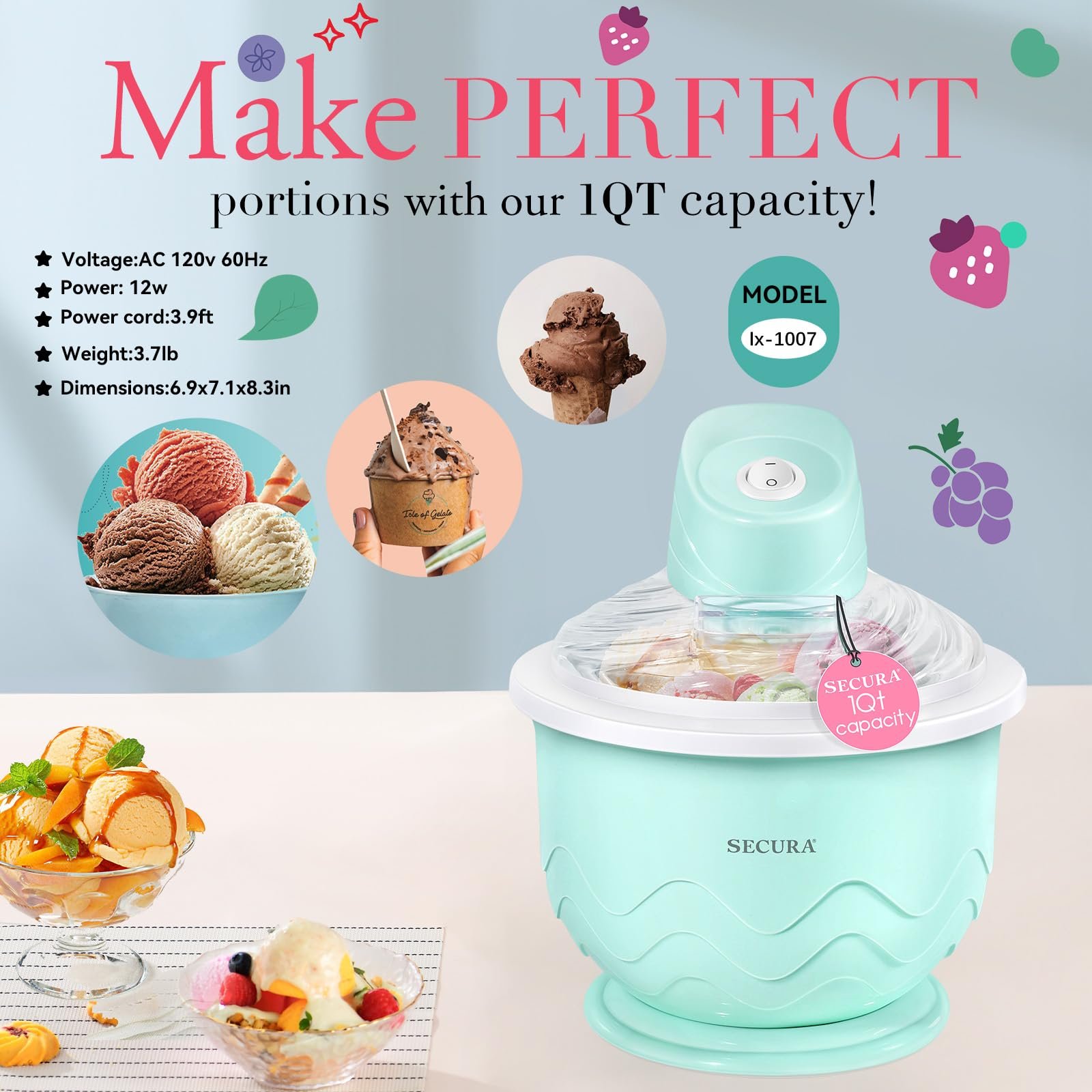 Secura Máquina de Sorvete 1qt para Sorvete, Gelato e Frozen Yogurt (verde) - 3