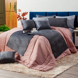 Kit Edredom Tóquio Rosê King 03 Peças - Dupla Face Micropercal 180 Fios