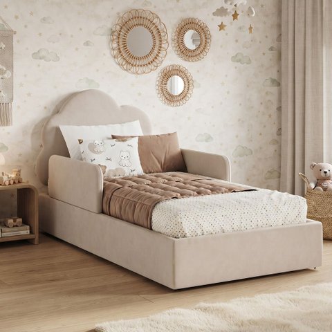Cama Infantil Nuvem para Menino e Menina com Proteção Lateral Alta Bege