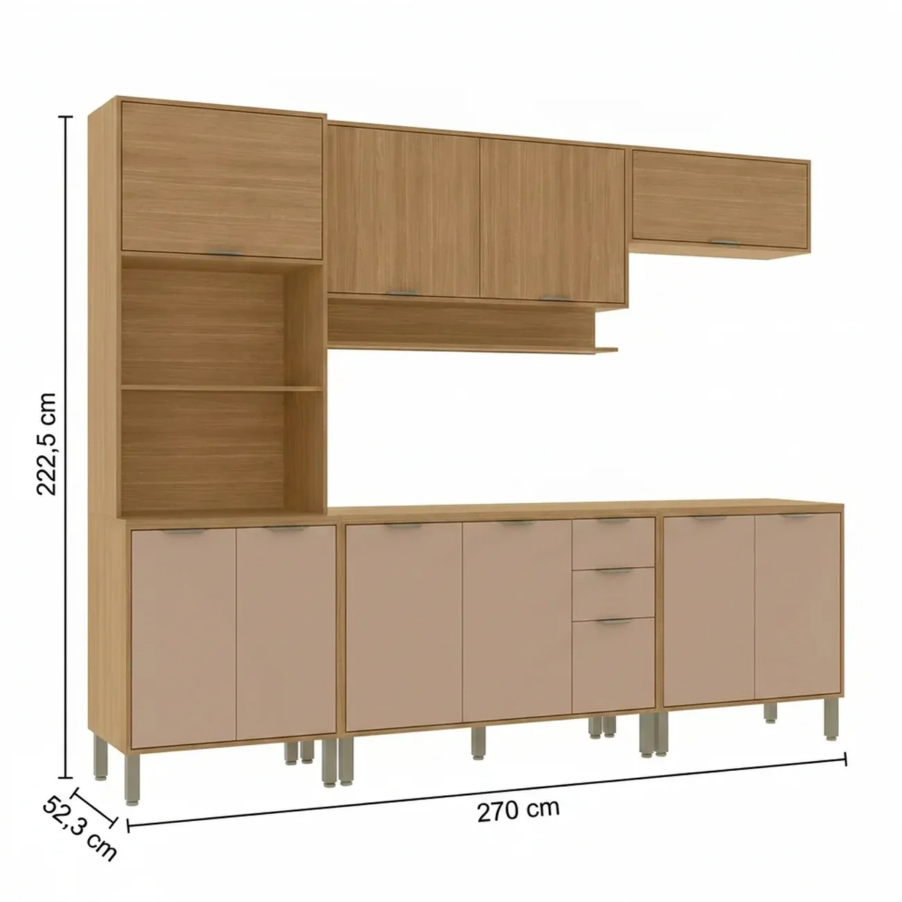 Ver imagem 3 de Cozinha Compacta Modulada 5 Peças 270cm 11 Portas e 2 Gavetas Colors Marrom Freijó/Pinole