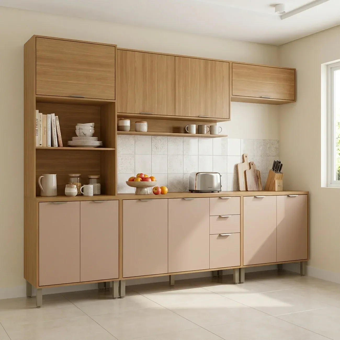 Cozinha Compacta Modulada 5 Peças 270cm 11 Portas e 2 Gavetas Colors Marrom Freijó/Pinole
