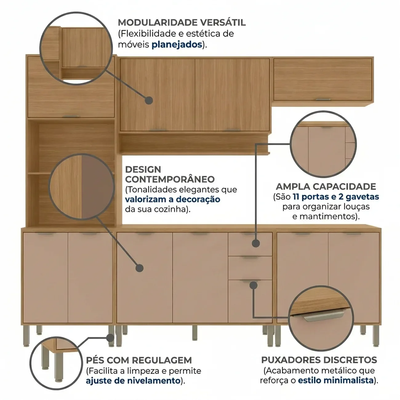 Ver imagem 5 de Cozinha Compacta Modulada 5 Peças 270cm 11 Portas e 2 Gavetas Colors Marrom Freijó/Pinole