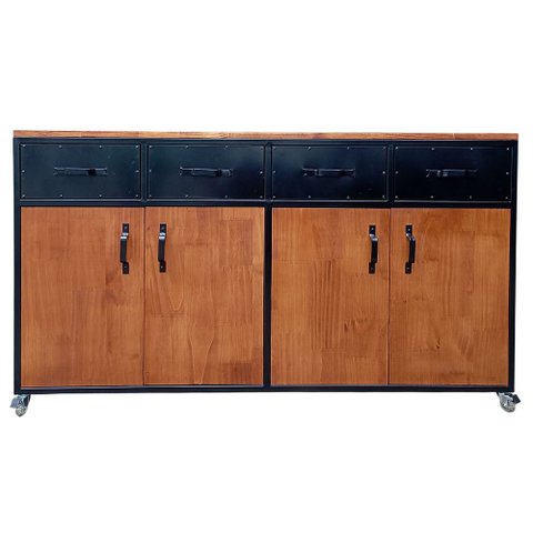 Buffet Industrial com 4 Gavetas e 4 Portas - Ferro e Madeira - Cores Preto e Castanheira