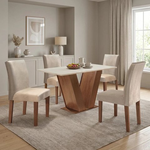 Conjunto Mesa de Jantar com 4 Cadeiras 100% MDF Casuá Chocolate/Off White/Suede Bege Espanha