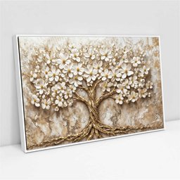 Quadro Decorativo Árvore da Vida Flores Brancas Fundo com Textura Sala Quarto Casa Escritório - 2