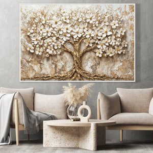 Quadro Decorativo Árvore da Vida Flores Brancas Fundo com Textura Sala Quarto Casa Escritório