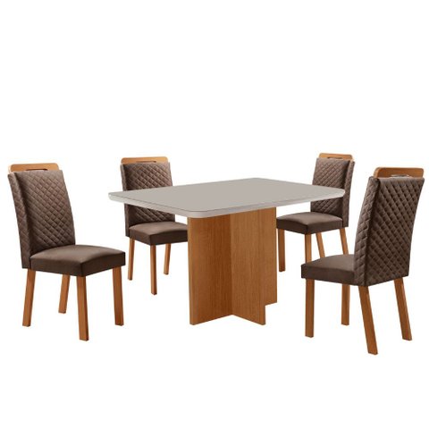 Mesa de Jantar Olimpia 120cm Tampo MDF Vidro Canto Copo com 4 Cadeiras Lorena