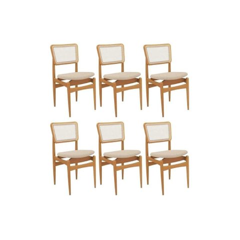 Cadeiras Cozinha Stela 1cmm013ca Premium Madeira Maciça Kit 6 Un Carvalho/linho Bege Argila/tela