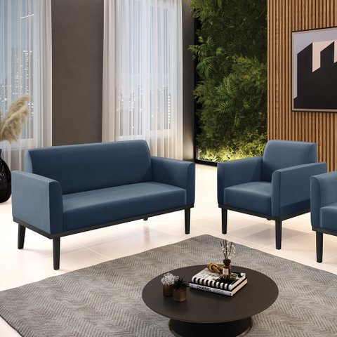 Conjunto Poltrona e Namoradeira Decorativa Isabella Pés Fixo em Madeira Preto Suede Azul Marinho G19