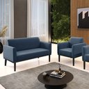 Ver imagem 1 de Conjunto Poltrona e Namoradeira Decorativa Isabella Pés Fixo em Madeira Preto Suede Azul Marinho G19