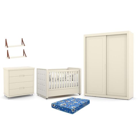Dormitório Tutto 2 Portas, Cômoda, Berço Off White com Capitonê, Colchão Physical e Prateleiras