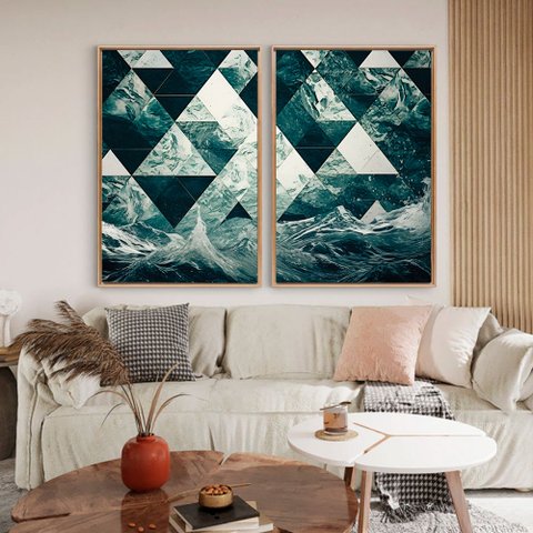 Quadro Decorativo Oceano Nas Formas Geométricas em 2 Telas Canvas Tacolado Moldura Flutuante 4,5cm M