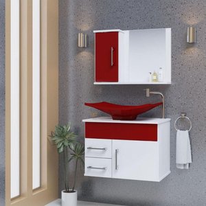 Conjunto Gabinete Inferior e Superior Banheiro 2 Gavetas 1 Porta Turin - Vinho - com Cuba Vinho -