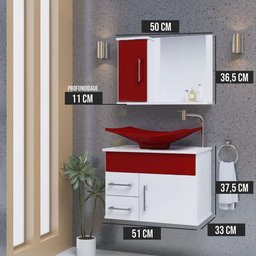 Conjunto Gabinete Inferior e Superior Banheiro 2 Gavetas 1 Porta Turin - Vinho - com Cuba Vinho - - 3
