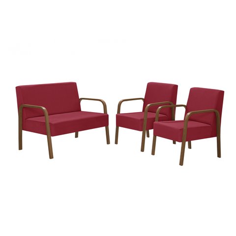 Conjunto Jade 1 Poltrona 2 Lugares e 2 poltronas de 1 lugar Braço Madeira D Salla Suede Vermelho