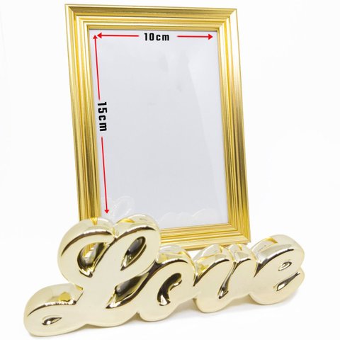 Kit Escultura Palavra + Porta Retrato Decorativo Enfeite Top - Love Dourado + Porta Retrato