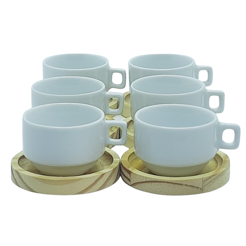 Jogo 6 Xícaras Café/chá Hotel 100ml Empilháveis com Pires de Pinus - Porcelana Branca
