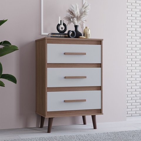 Cômoda Mila para Quarto 3 Gavetas Pés Retrô Savana Off White: Savana Off White