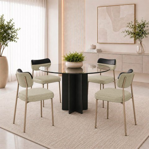 Kit 4 Cadeiras Sala de Jantar Lisa Pés Champanhe Linho/PU Bege/Preto m² - Monari Design