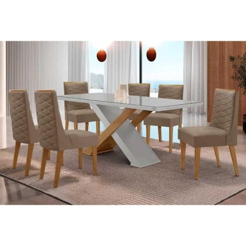 Sala Jantar Mesa Imperatriz Tampo C/ Vidro Curvo 180cm+6 Cadeiras Dafne Madeira Naturale/off White