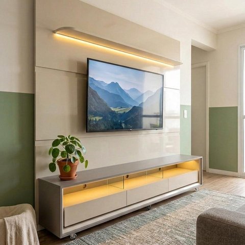 Conjunto Rack Painel para TV até 84 Polegadas 3 Gavetas com LED, Nichos e Rodízios 219x240x38,3cm