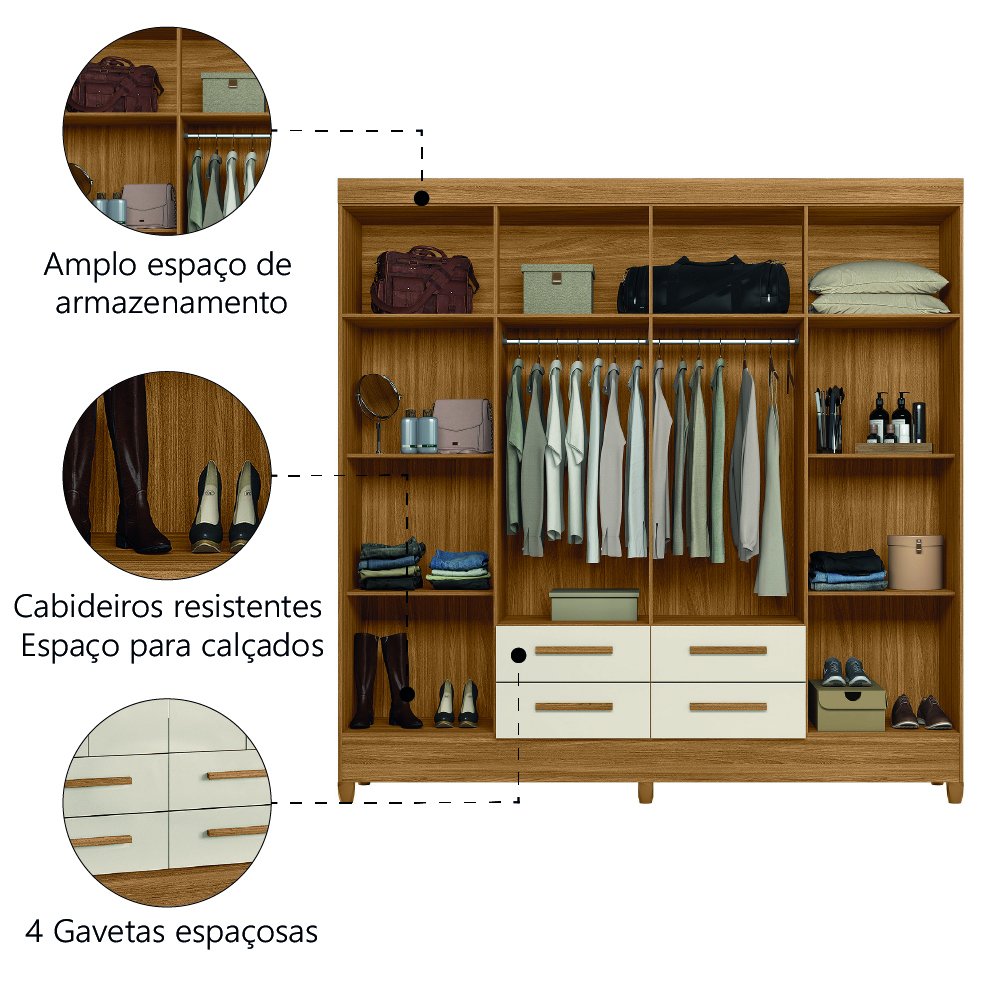 Guarda Roupa Florida 204cm 8 Portas Freijó Off White Moval - 5
