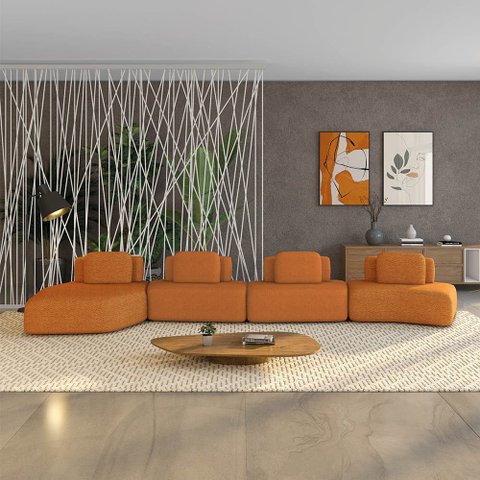 Sofá 4 Lugares Orgânico com Chaise e 3 Módulos Berlim bouclê Caramelo K01 - D’Rossi