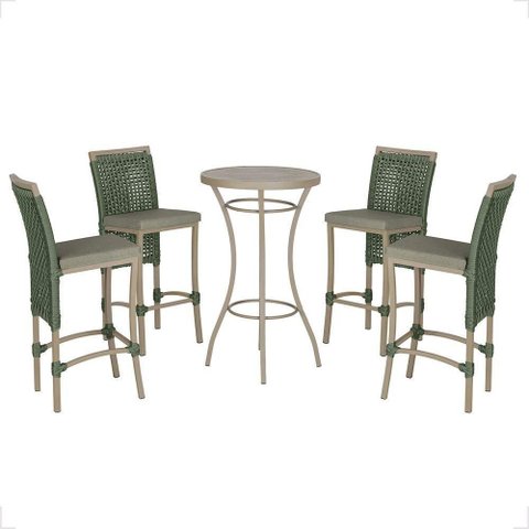 Mesa Bistrô e 4 Banquetas Roma Fendi Corda Estofado 8 Trama Verde