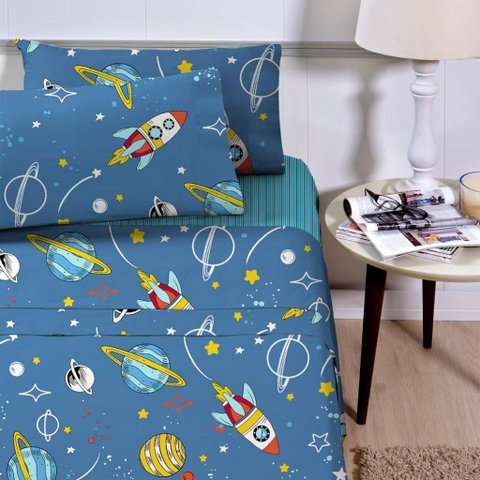 Jogo de Lençol Infantil 3 Peças 180 Fios Poliéster Estampado Corttex Galáxia Azul