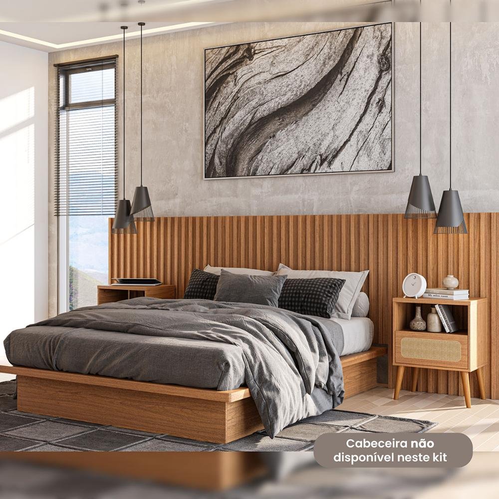 Kit Cama King 2,00m + 2 Mesas de Cabeceira Mdf Dalla Costa Cor:freijó ...