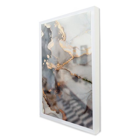 Quadro Decorativo Caixa Alta com Vidro Abstrato Mármore Black Gray TaColado Moldura Branca 120 x 80c