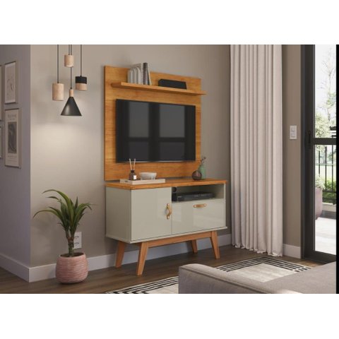 Rack + Painel Si 0.90m Estilo Retrô para Tv até 32'' Polegadas Cor Cinamomo / Off White