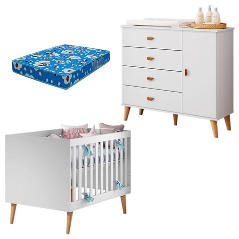 Berço Americano Ludmila com Cômoda Infantil Duda Branco Acetinado Bétula e Colchão Ortobom - Carolin