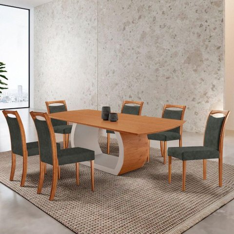 Mesa Zeus 180cm Tampo Laminado Canto Barril com 6 Cadeiras Jade Imbuia Natural