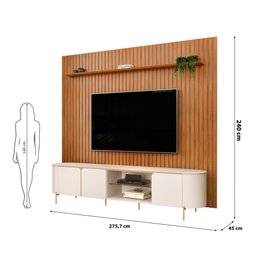 Painel Trento Ripado C/ Bancada Ariana 100% Mdf 2.75x2.40 Mts P/ Tv Ate 75 Polegadas - Off/freijo - 3