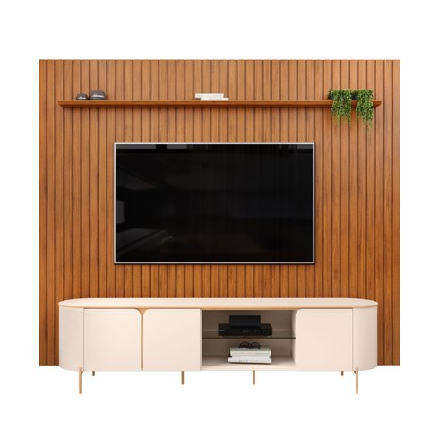 Painel Trento Ripado C/ Bancada Ariana 100% Mdf 2.75x2.40 Mts P/ Tv Ate 75 Polegadas - Off/freijo