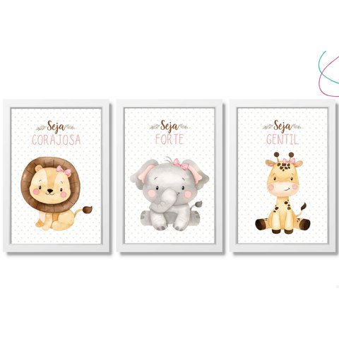 Kit 3 Quadros Decorativos com Vidro e Moldura -safari Menina:branca