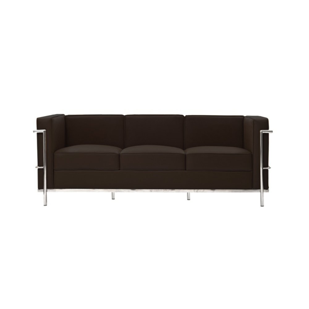 Sofa Le Corbusier 3 Lugares Cromado em Couro Natural Marrom